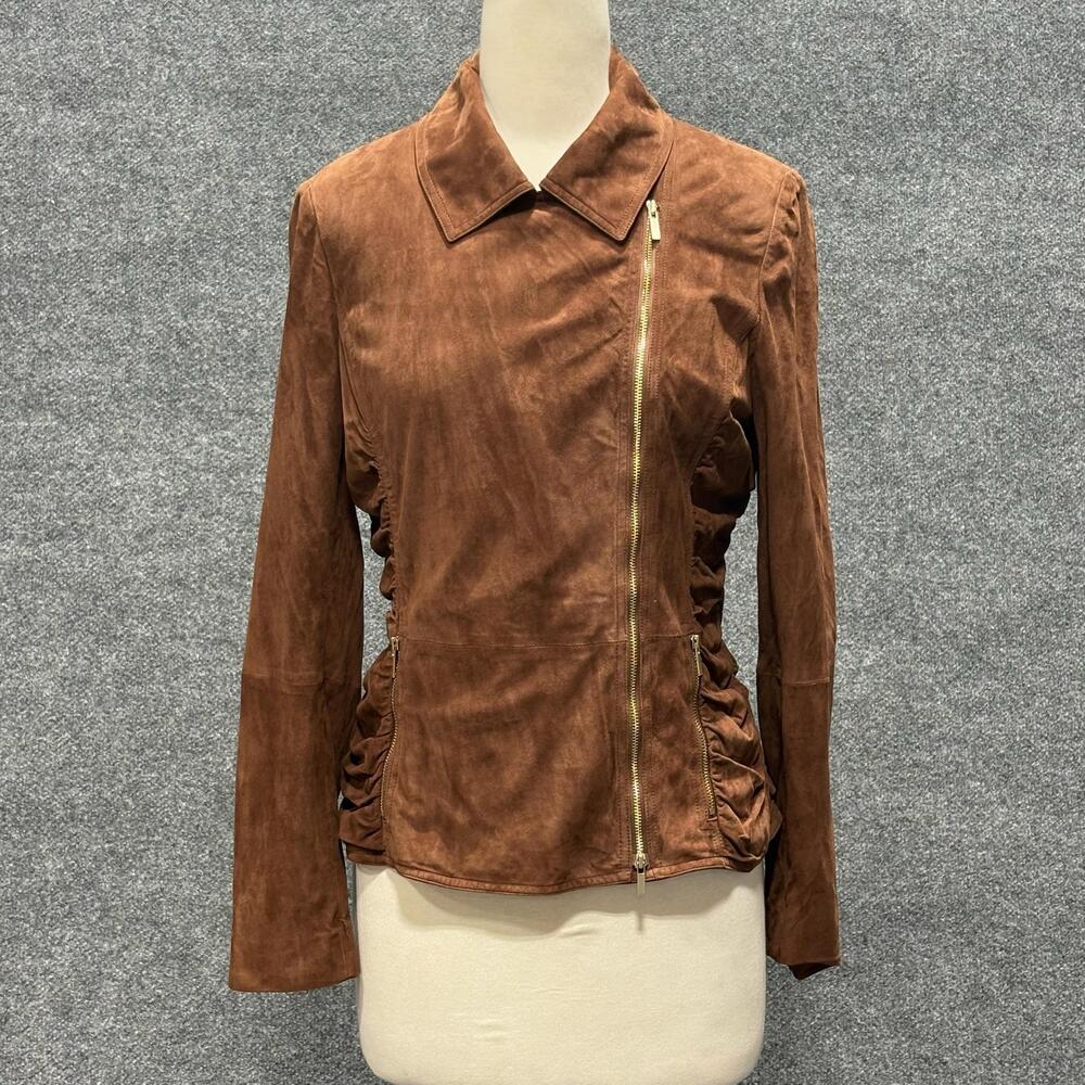 St John Jacket Womens 6 Brown Lamb Suede Asymmetrical Zip Biker Ruched Sides